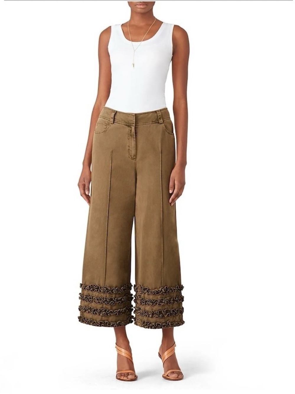 Cinq a Sept Carmelina Olive Green Wide Leg Ruffle Pants Size 12